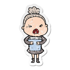distressed sticker of a cartoon angry old woman