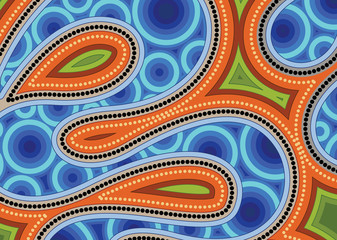 Aboriginal dot art vector painting with river.