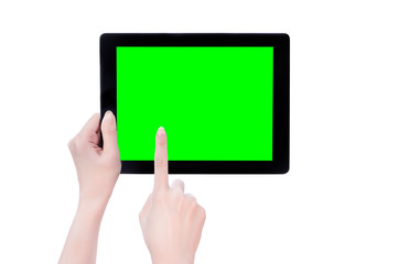 Young beautiful girl holding a black tablet pc template with green screen isolated on white background, close up, mock up, clipping path, cut out