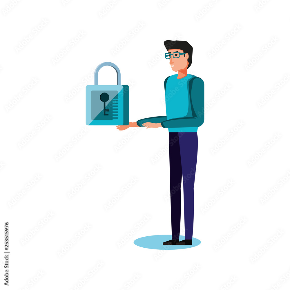 Poster safe secure padlock with young man