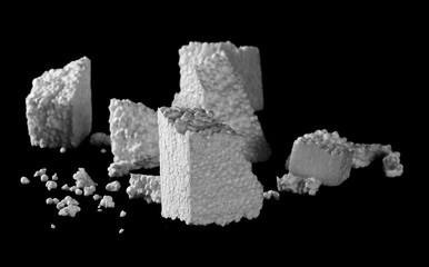 Crumbled styrofoam isolated on black background