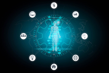 abstract background technology concept in blue light,brain and human body technology modern medical science in future and global international medical 