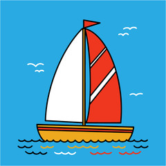 Sailing yacht flat cartoon square icon, drawing. Boat with sail and flag, sailing on the sea
