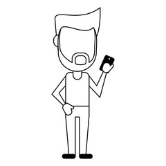 man using smartphone avatar cartoon in black and white