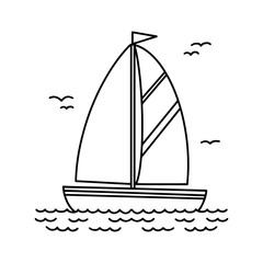 Sailing yacht black and white, cartoon square icon, drawing. Boat with sail and flag, sailing on the sea. Coloring book template, water transport object.