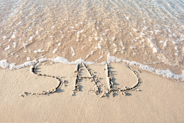 Sad letter on sea beach sand dissolved away by wave