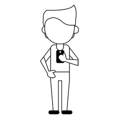 man using smartphone avatar cartoon in black and white