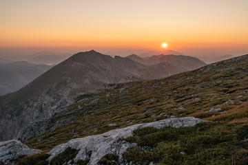 Morning sunrise next to the Schiestelhaus on top of the Hochschwab mountain in Austria