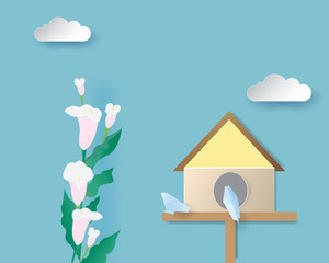 Couple bird origami in their house with flower and clouds.