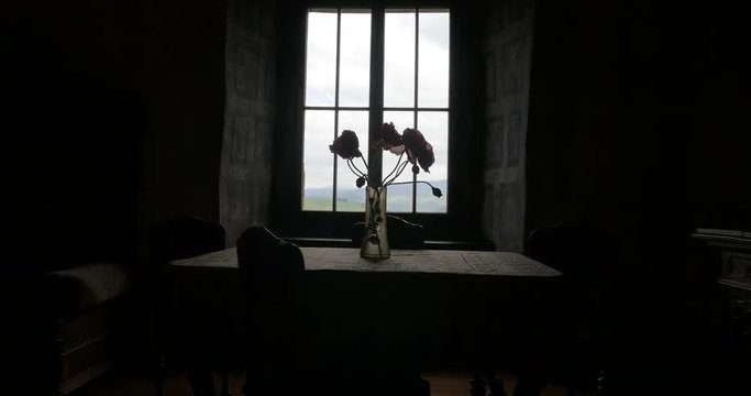 Push in towards dark room with roses in vase on wooden table in front of medieval Gothic window in empty room.