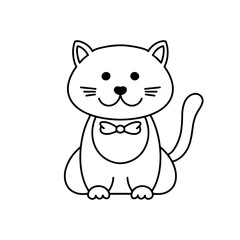 Cute cat, cartoon linear art, animal sketch. Vector illustration of little smile kitten, black outline style, isolated on white background Coloring book template for children.