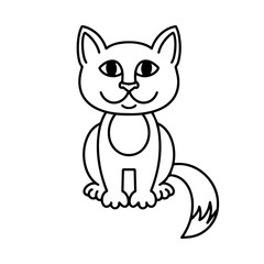 Cute cat, cartoon linear art, animal sketch. Vector illustration of little smile kitten, black outline style, isolated on white background Coloring book template for children.