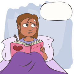 cartoon girl keeps a diary with thinking bubble