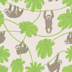 Sloths and Cecropia Leaves vector seamless repeat pattern