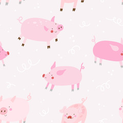  Cute seamless pattern with Pink Pigs. Funny Pigs - vector cartoon background.