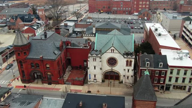 Historic buildings of York Pennsylvania from the air, the historic district in downtown owns several protected buildings for their significance in the history of America
