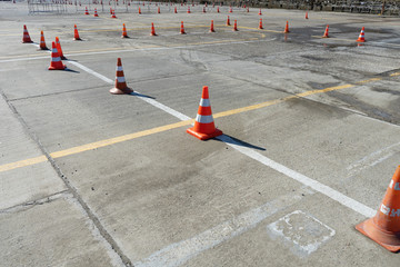 Traffic cones in driving school. Close up