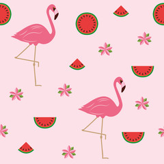 Fototapeta premium seamless pattern tropical summer design with flamingos flowers and watermelon vector illustration EPS10