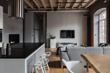 Industrial apartment with kitchen island