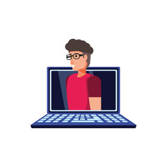 man in laptop computer isolated icon