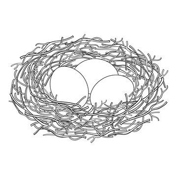 recommend clip art: Drawing of outline bird nest from branch with three eggs in black isolated on white background.