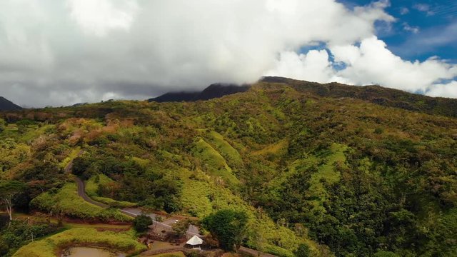 Beautiful panorama aerial view of Tahiti Iti mountain from the belvedere Taravao (plateaux de Taravao), Tahiti Iti island, French Polynesia, south Pacific ocean.