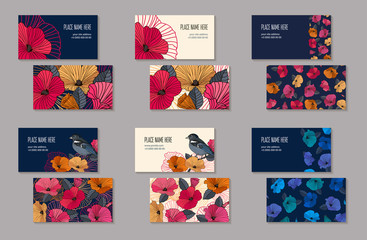 Set of business cards templates for company branding. Abstract red orange pink and blue flowers and bird on a dark and light background. Vector illustration