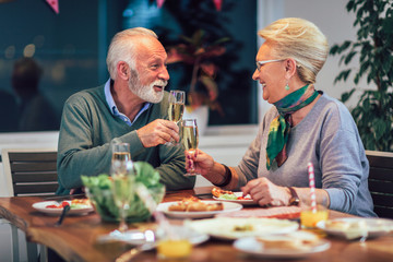 Senior couple toasting wine at home in the living room