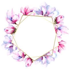 watercolor image of magnolia flowers. Magnolia spring bloom. greeting card and wedding invitation. wreath of flowers