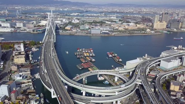 Aerial view interchange highway and overpass in city of Osaka City, Osaka, Kansai, Japan