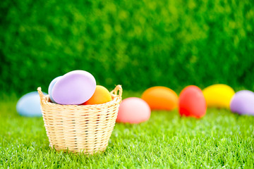 Easter eggs in the basket on green grass