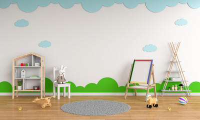 Drawing board and chair in child room interior for mockup, 3D rendering