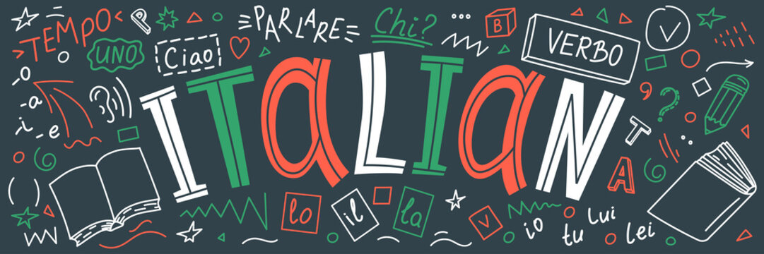 Italian. Language hand drawn doodles and lettering. 