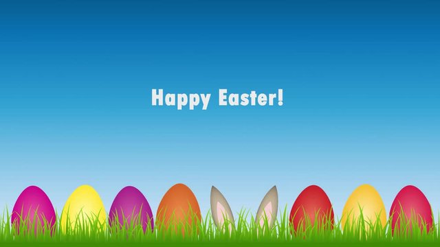 hare ears in the meadow between colorful Easter eggs illustrated animation