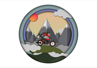Moto racers riding on mountainous, drive a motorcycle, summer adventure, extreme sport, travel, active lifestyle, vacation concept - Vector