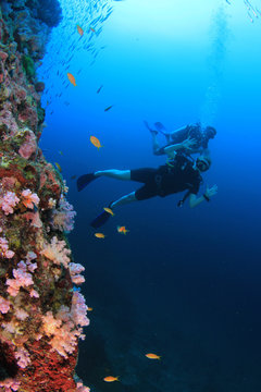 Scuba diving on coral reef 