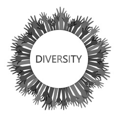 Diversity concept design, hands up with text