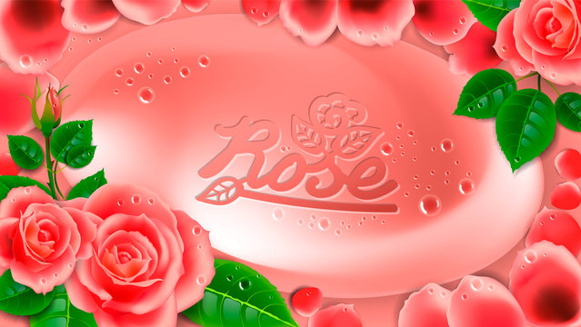 Pink soap in a frame of flowers and rose petals. Beautiful advertising poster or banner.