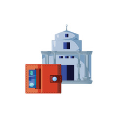 bank building with wallet and credit card