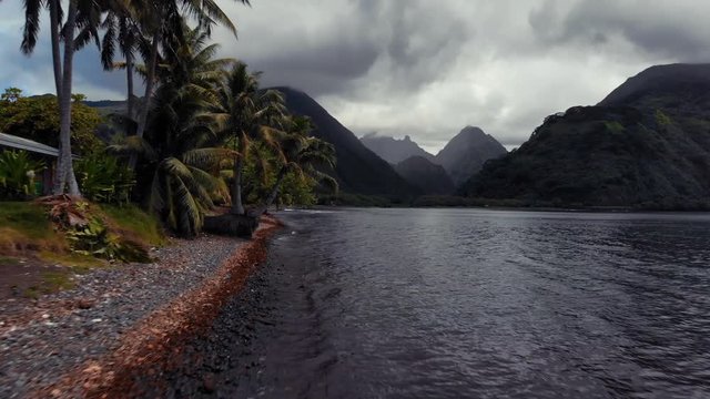 Aerial view of black sand beach with a driftwood trunk and valley with mountains near Tautira village, Tahiti Iti island, French Polynesia, south Pacific ocean.
