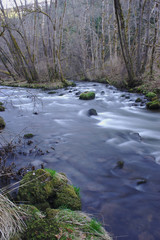 Fototapeta na wymiar La Sioule, rivière d'Auvergne au printemps. En pose longue