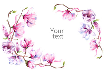Fototapeta na wymiar watercolor image of magnolia flowers. Magnolia spring bloom. greeting card and wedding invitation. wreath of flowers