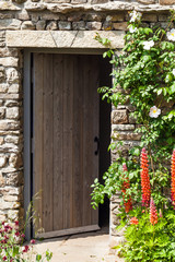 Fototapeta na wymiar Cottage door open with lupine and rose blooming close by