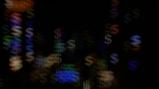 Lights bokeh in the form of dollars and blur. Bright background for video or presentations