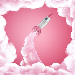 3d rendering of silver pink space rocket launching on pink sky and white clouds background