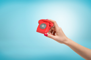 Female hand holding small red old fashioned telephone between her fingers on blue background