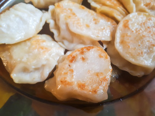 Fried Russian dumplings. A delicious dish on a plate. Ruddy dumplings. Delicious ready and traditional Polish dinner.