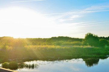 Colorful sunset with the bright rays of the sun against the backdrop of a small forest river among green vegetation. Mystical nature in the Republic of Belarus. River "Bobr". © MaxSafaniuk