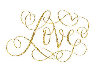LOVE vector gold glitter brush calligraphy banner with flourishes