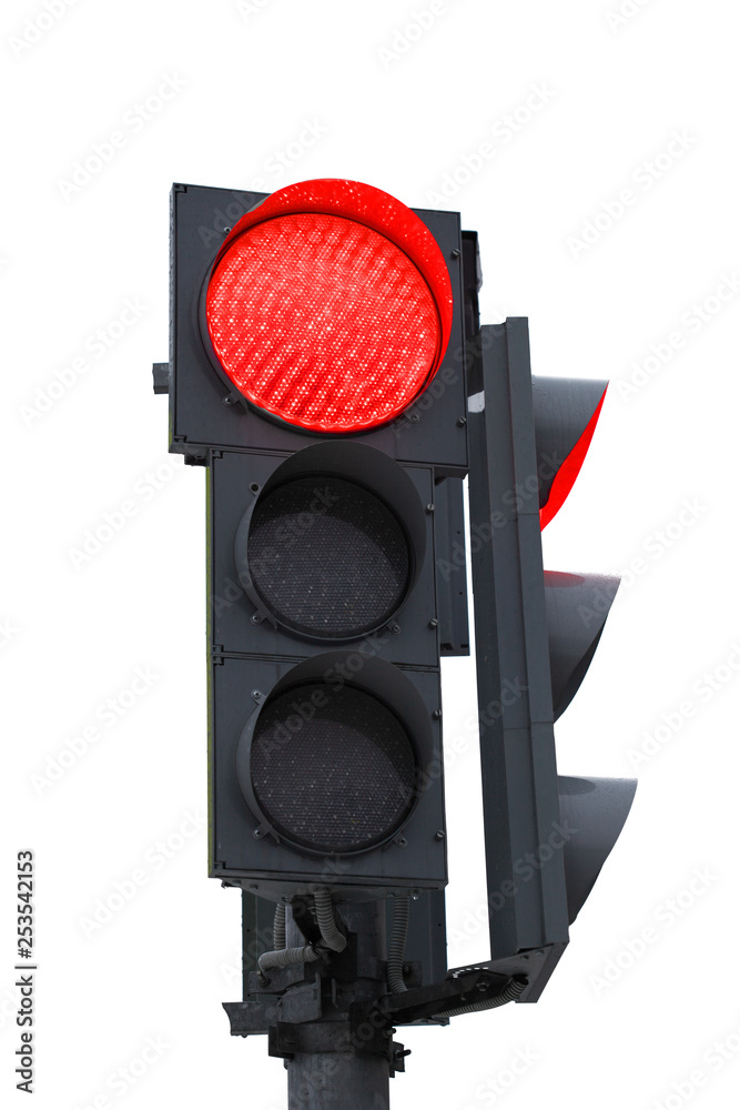 Poster traffic light with a burning red light. isolated on white